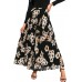 Black Floral Printed Chiffon Elastic High Waist Pleated Long Skirt