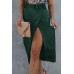 Green Satin Wrap Midi Skirt with Split