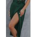 Green Satin Wrap Midi Skirt with Split