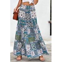 Green Boho Print Tie-Up Waist Long Maxi Skirt