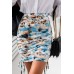 Sky Blue Tie-Dye Printed Drawstring Ruched Bodycon Skirt