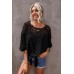 Black Lace Splicing Tie Knot Bell Sleeve Blouse